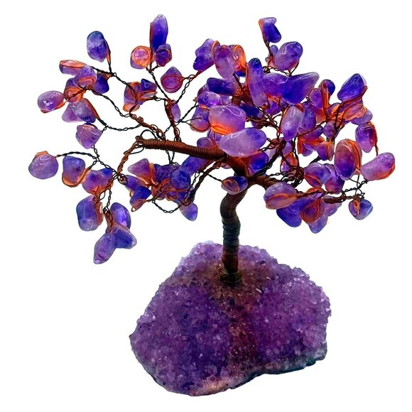 Handmade Amethyst Gemstone Bonsai Tree Of Life W/ Purple Crystal Geode Base - Picture 2 of 8
